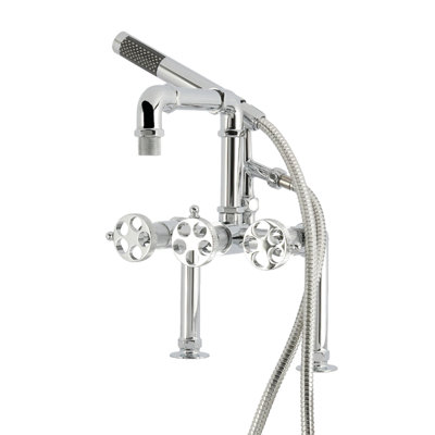 Robinet pour baignoire à pattes à 3 poignées à 2 trous avec poignée moletée et douche à main Kingston Brass Webb