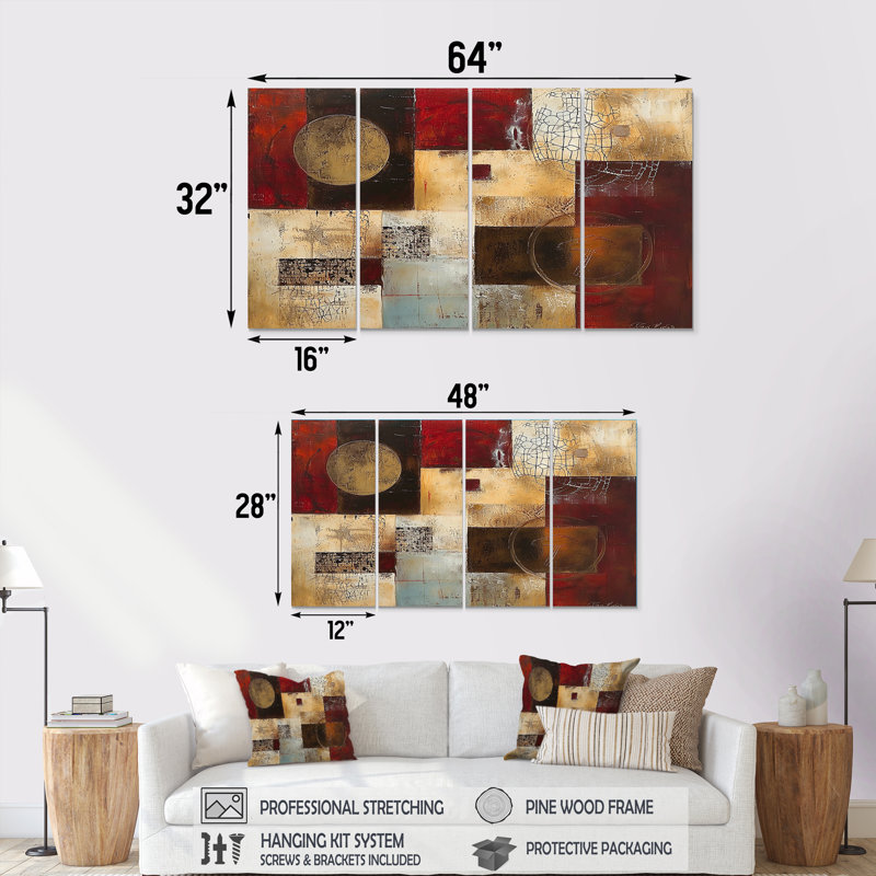 «Golden Moon Cubist Abstract Faded Red», art mural géométrique sur toile, 4 pièces, H 28 po x l 48 po
