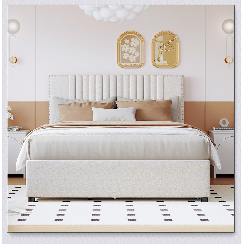 Lit plateforme tapissier avec 2 tiroirs et 1 lit gigogne, Beige, Double