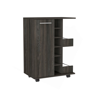 32" H Carbon Espresso Bar-Coffee Cart, Cabinet Storage, With 4 Wheels, 1 Divided Storage With 1 Shelf, 1 Folding Door, A Central Vertical Division For 6 Bottles And 2 Side Shelves With Aluminum Front