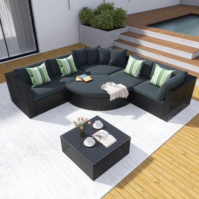 7-Piece Outdoor  Gray Wicker Sofa Set, Rattan Sofa With 4 Green Pillows,Table,Cushions,Storage And Conversation Sofa