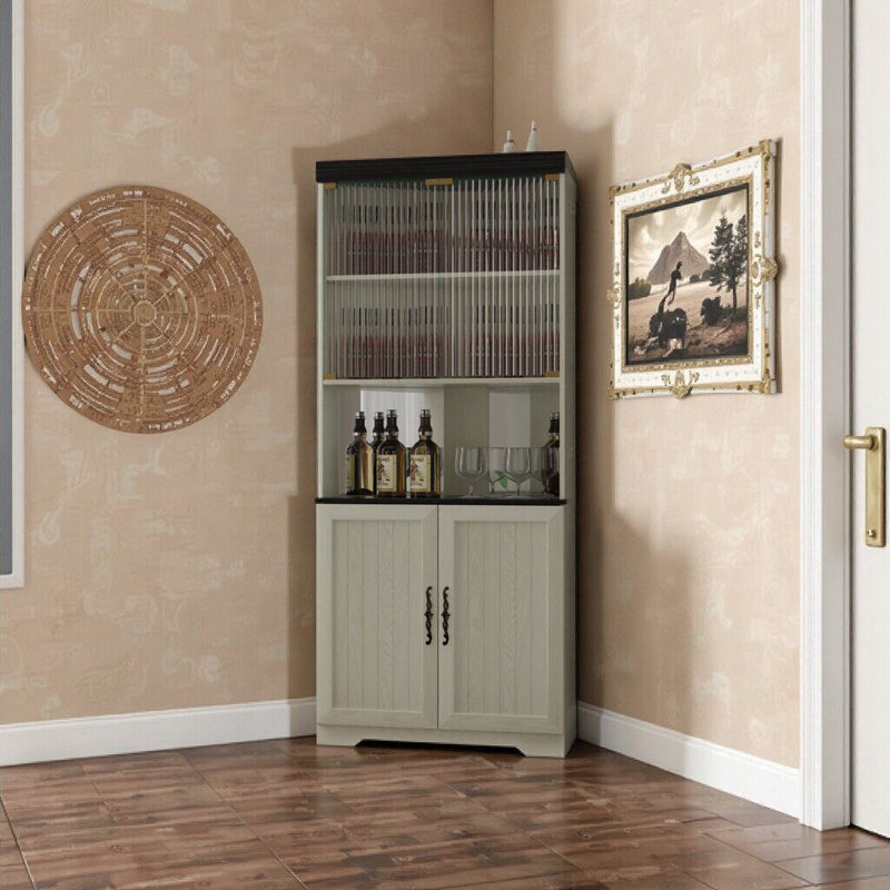 Armoire de rangement de vin à 5 niveaux avec portes en verre trempé, tablettes réglables, White