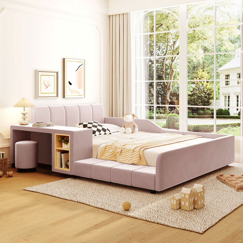 Full Size Upholstered Grounded Bed, Mother & Child Bed With Bedside Desk And Little Round Stool, Full , Pink