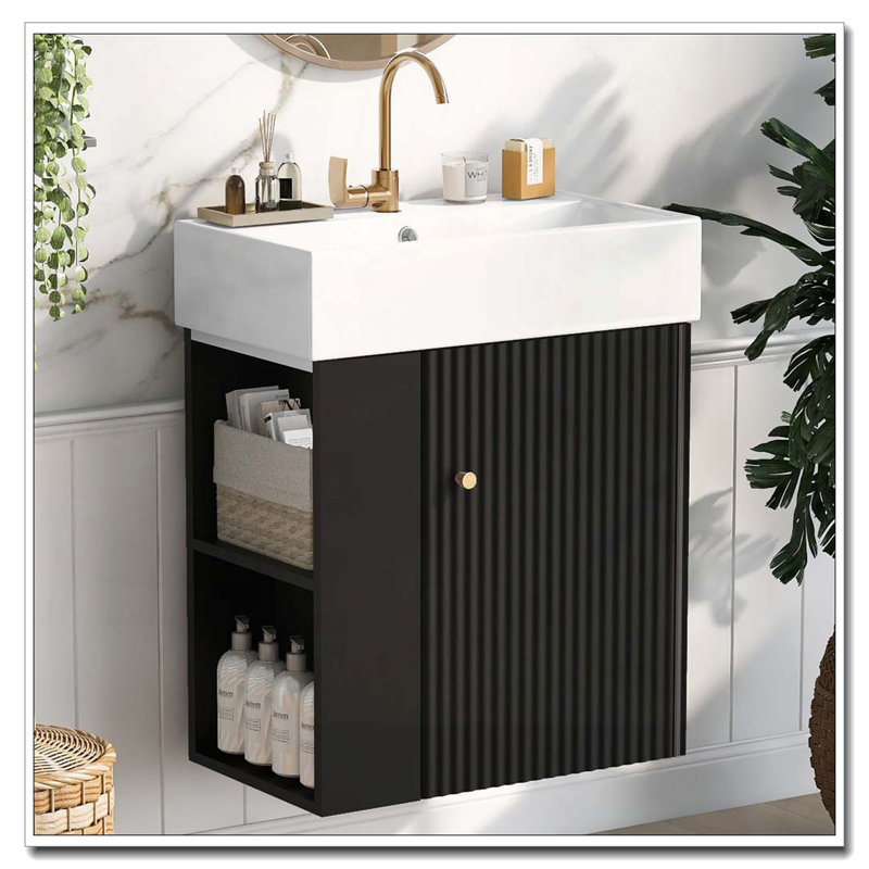 Meuble-lavabo flottant avec lavabo en céramique, Noir