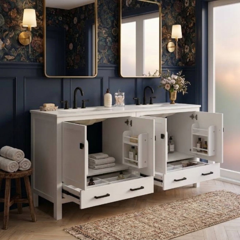 Ensemble de meuble-lavabo double 72 po avec porte intégrée et tiroirs divisés, structure en bois massif et lavabo en céramique (blanc)