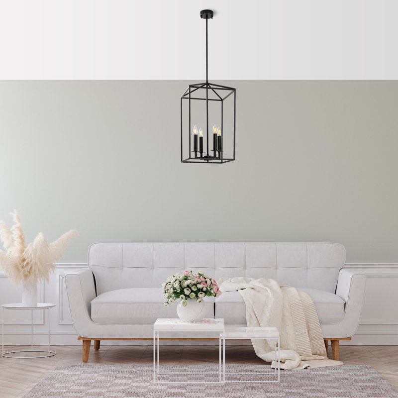 Industrial Black Chandelier, Metal Body, 13.8 x 13.8 x 42.1 inches | 4 x E14 Sockets (Max 40W), 10 cm Base Plate | Stylish Lighting Fixture for Modern Home Decor, Elegant Design for Dining & Living Rooms