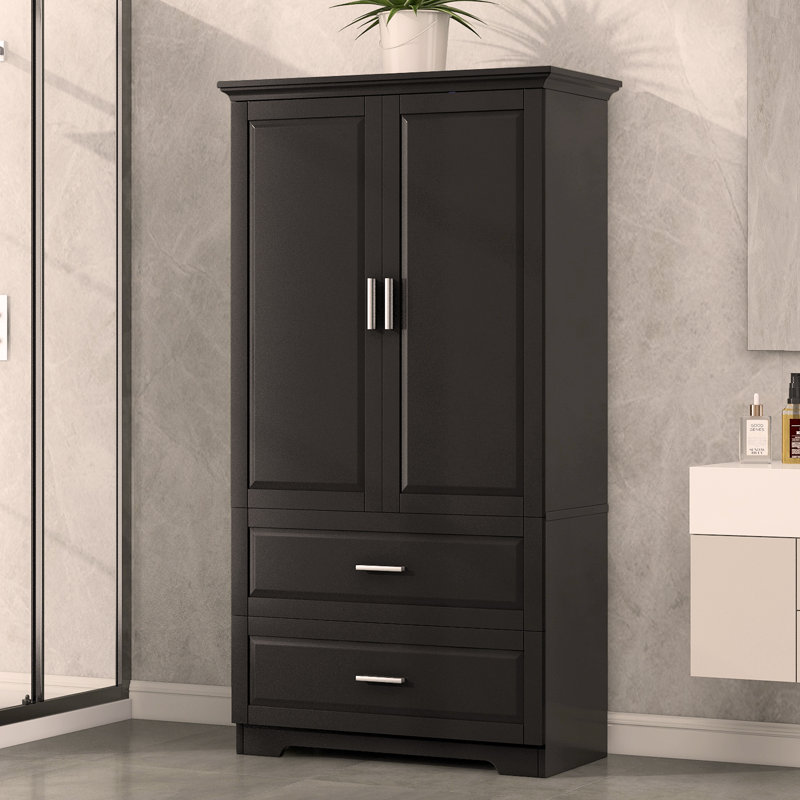 Jamyira Sturdy Tall Bathroom Storage Cabinet | 2-Door + Drawer Design | Adjustable Shelves | Water-Resistant MDF Finish | Freestanding Organizer for Toiletries & Linens