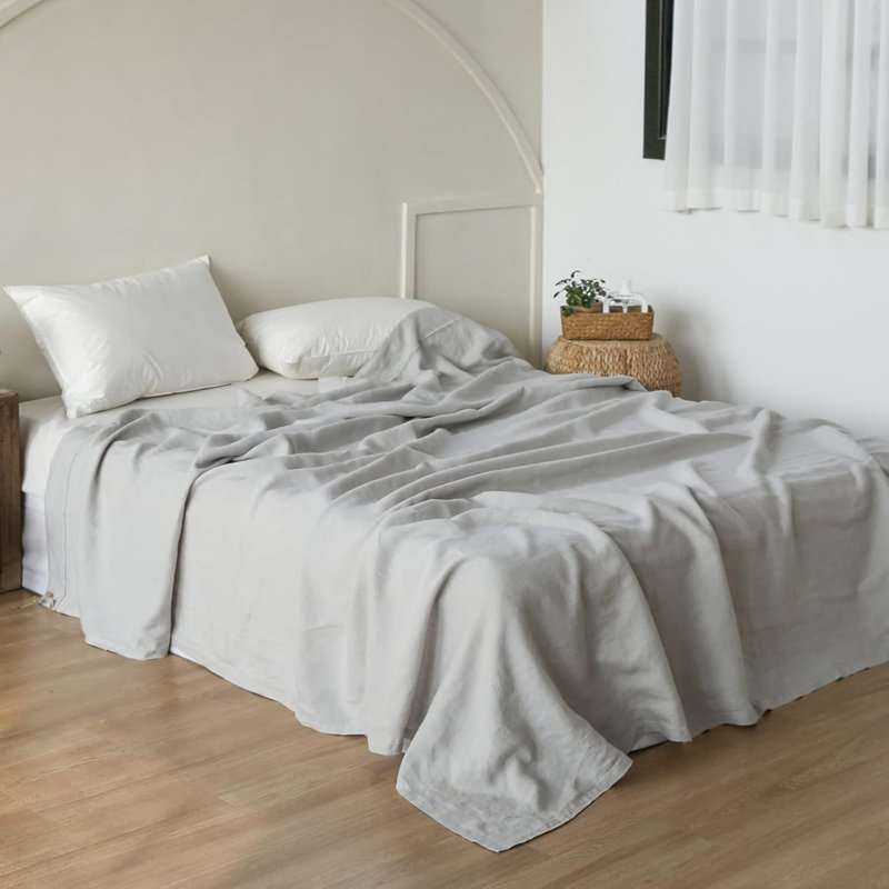 French Flat Sheet With Embroidered Border-100% Stone Washed Flax Bedding, Gray, Queen