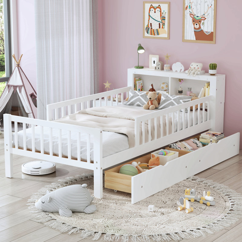 Lit simple avec support de tête de lit, deux tiroirs sous le lit, trois barrières de sécurité pour plus de sécurité, Blanc