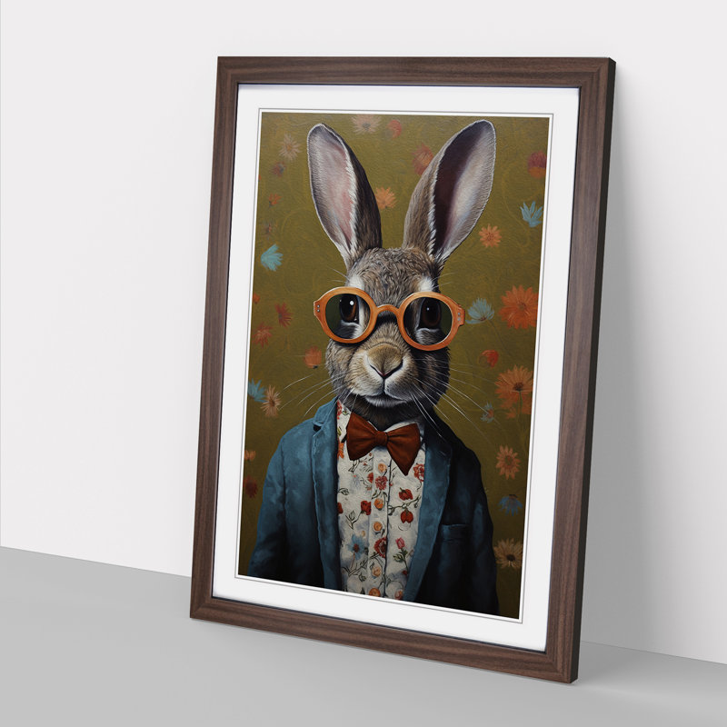 Rabbit With Glasses No.2 - Single Picture Frame Print on Wood, Walnut Framed, 64cm H x 46cm W x 2cm D