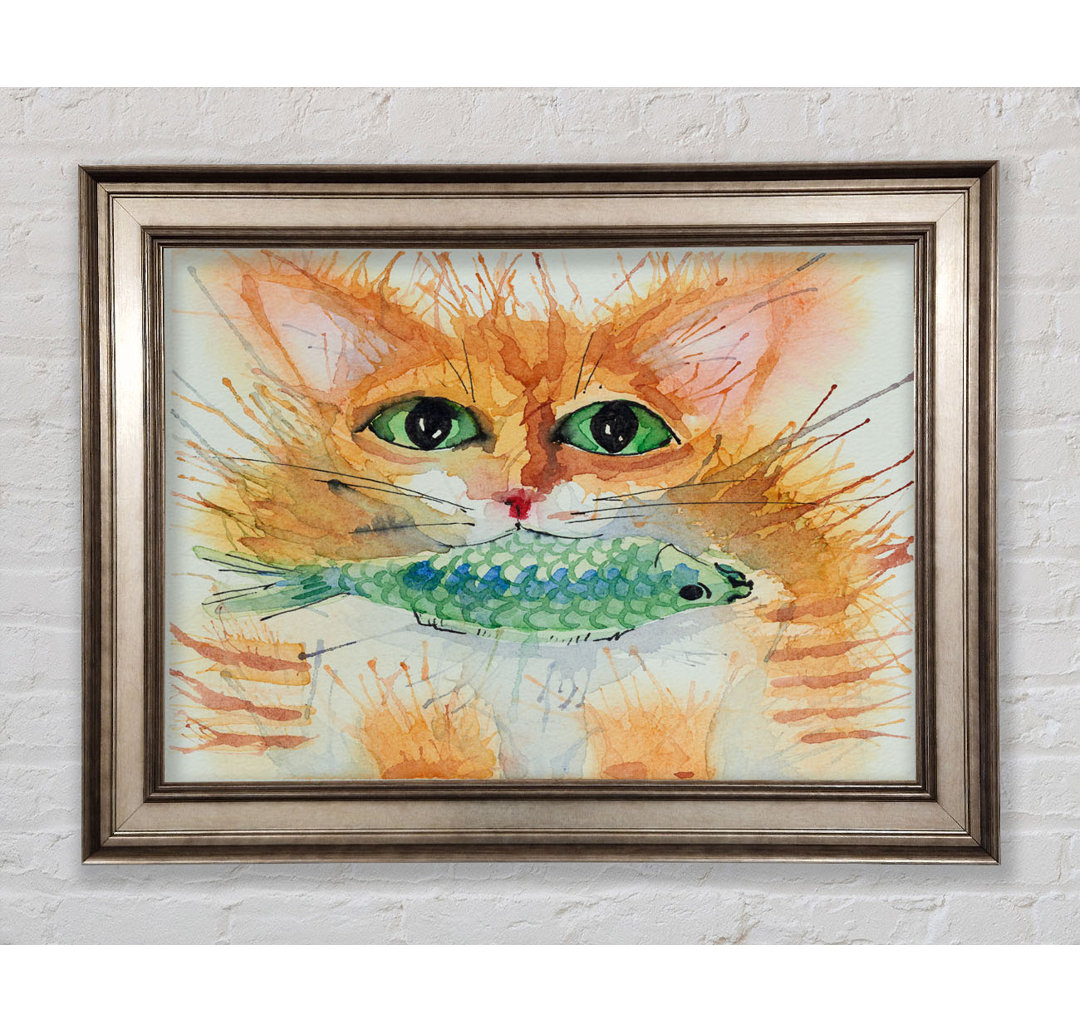 Aquarell Katze mit Fisch - Einzelner Bilderrahmen Kunstdrucke