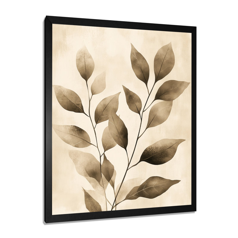 Silhouette botanique beige clair neutre - Feuilles - Tableau encadré, 40" H x 30" W, Black Picture Framed