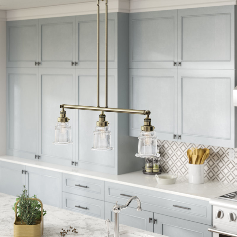 Galaviz 3 - Light Kitchen Island Pendant, Antique Brass, Clear, 6 Watt Vinage LED Bulb