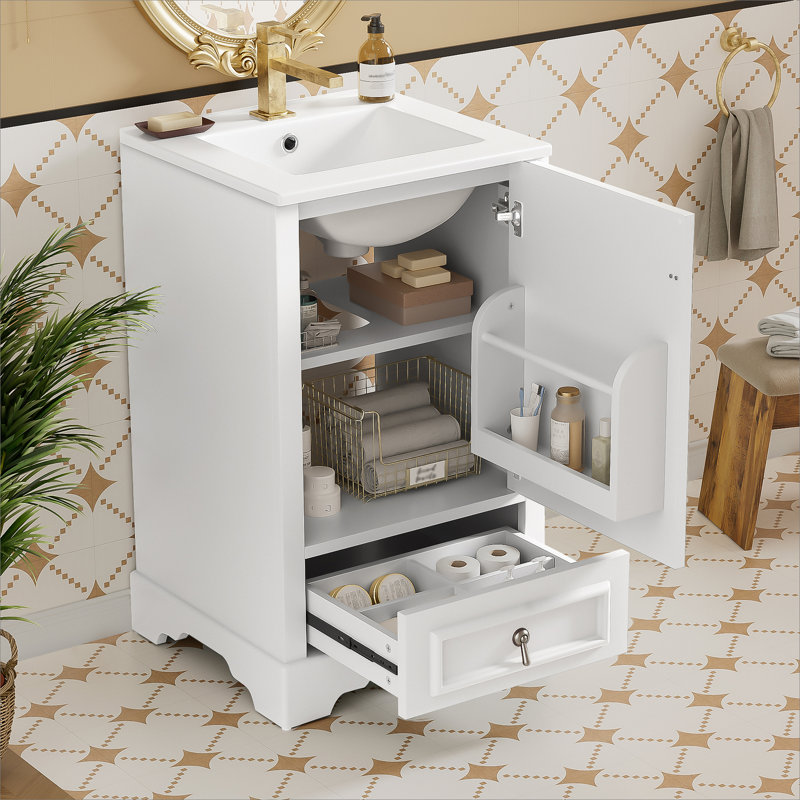 Meuble-lavabo de 20 pouces avec lavabo en céramique, porte à fermeture en douceur, tablette ajustable en forme de U, tiroir de compartiment et support de porte, style moderne, conception peu encombrante