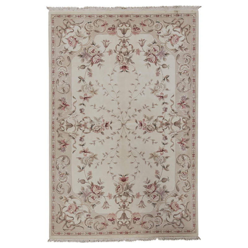 Tapis ivoire / rose / brun noué à la main de conception unique 6 pi x 9 pi