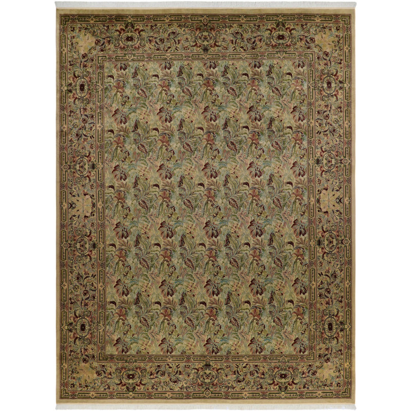 Tapis oriental en laine vert / brun 9 pi x 12 pi Aaru