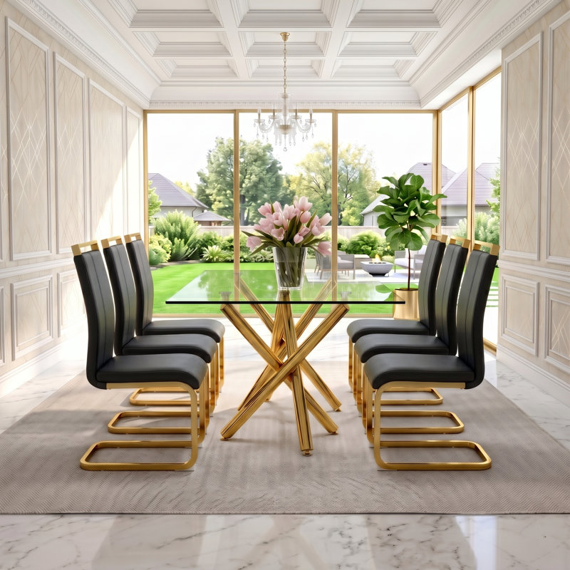 Ensemble de salle à manger moderne en verre avec chaises en porte-à-faux Modern Glam, Noir et or, Doré