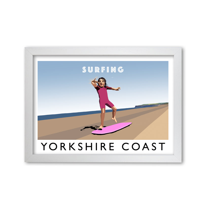 Surfing Yorkshire Coast by Richard O'Neill - Print, 42cm H x 59.4cm W x 3cm D, White Framed