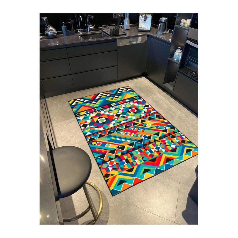 Geometric Mixed Coloring Carpet Themed Patterned Woven Base Carpet And Washable Carpet, Round 4'