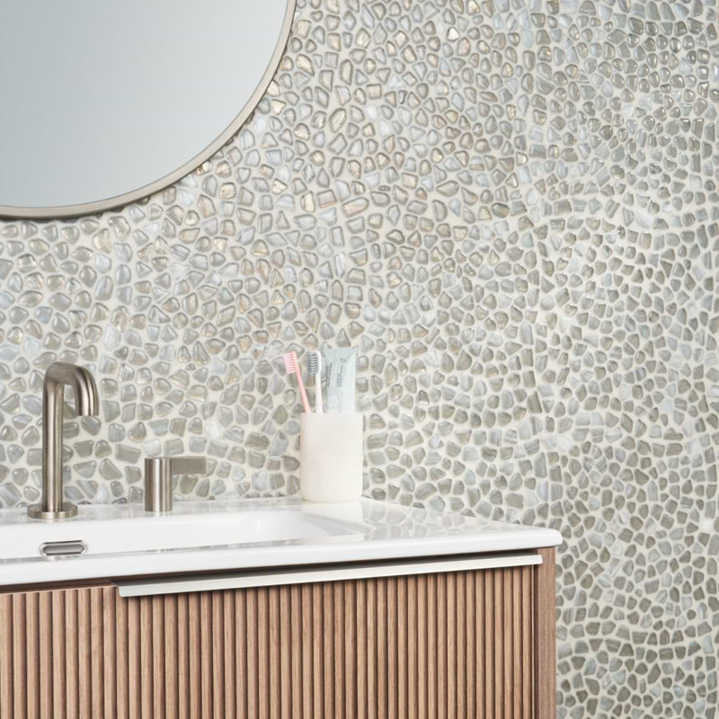Komorebi 12x12 Pebble Polished Glass Mosaic Tile, Mineral Ice Gray