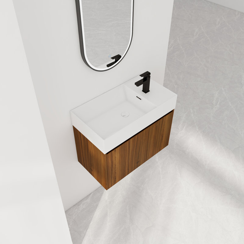 Meuble-lavabo mural moderne avec lavabo en résine pour petits espaces, Noyer, 30"