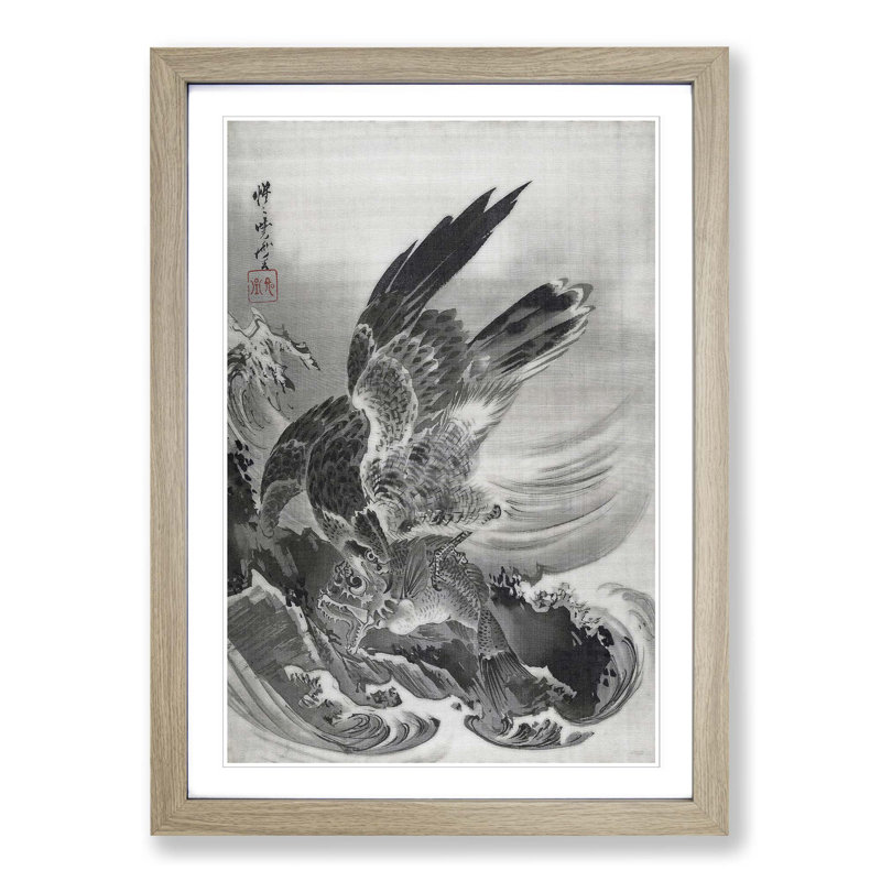 Eagle Attacking Fish by Kawanabe Kyosai - Picture Frame Painting Print, 48cm H x 36cm W x 2cm D, Oak Framed
