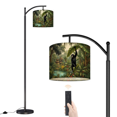 Arc Floor Lamp with Adjustable Lampshade Jungle Landscape Tropical Plants River Monkey Standing Lamp 3 Colour Temperatures Dimmable Tall Pole Lamp with Foot Switch for Bedroom