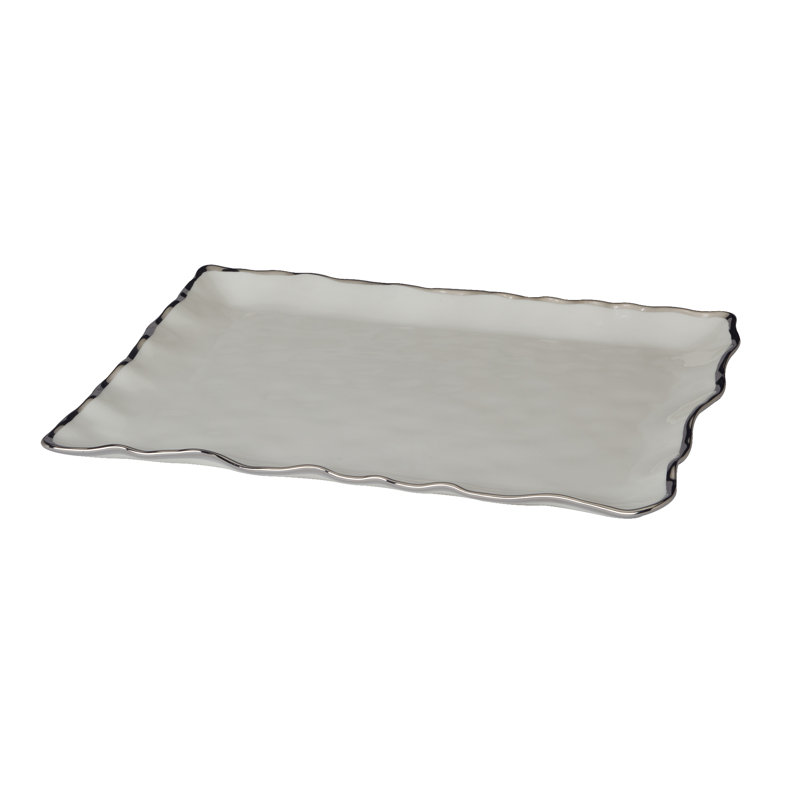 Elegant Silver Rimmed Rectangular Ceramic Serving Platter, 16 inches