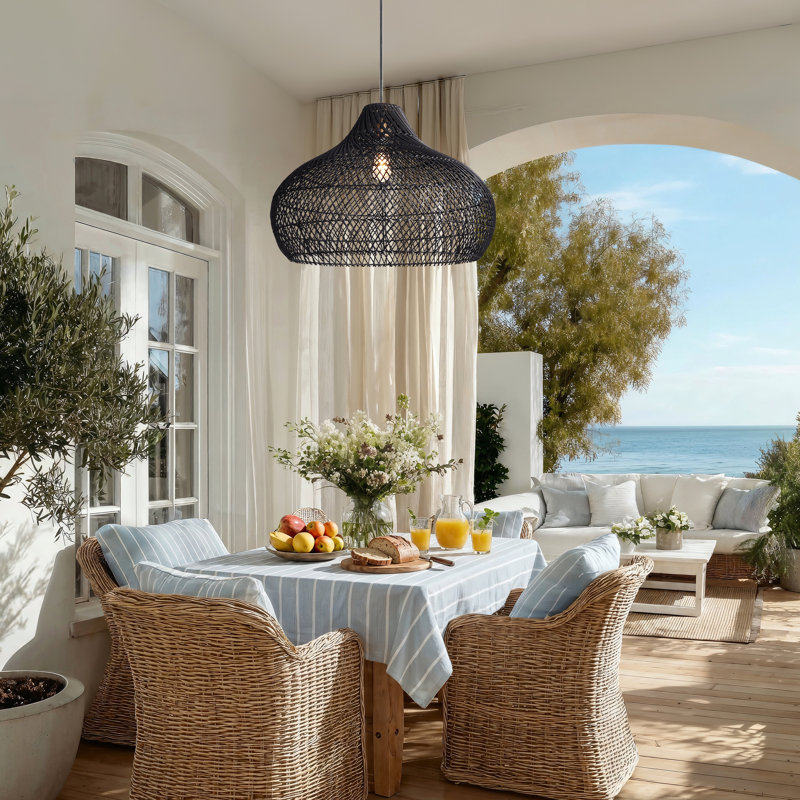 Latigo Outdoor Rattan Pendant Light - 24" Black Dome 1-Light Polished Handwoven Adjustable Light Fixture For Patio, Porch & Entryway in Modern, Traditional, Boho & Coastal Style