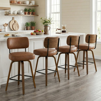 26" Swivel Upholstered Counter Stool with Walnut-Finish Bentwood Frame