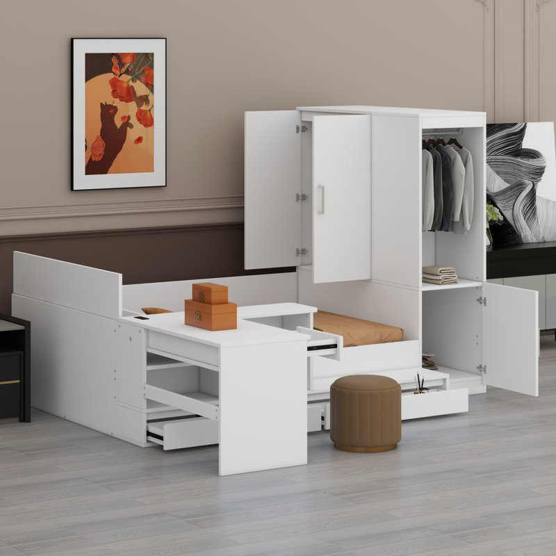 Lit plateforme en bois avec tiroirs, tablettes, bureau et garde-robe, Blanc