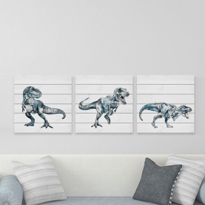 Bite and Fight T-Rex 3-Piece Print on White Wood Set