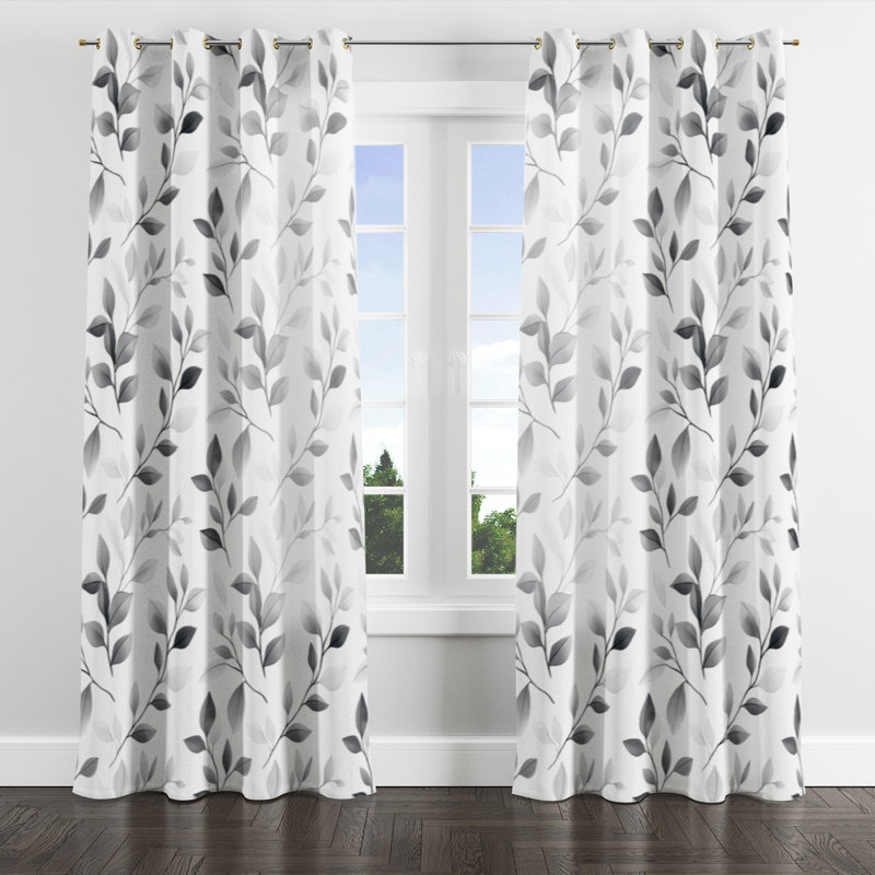 Modern Curtains for bedroom - Grey Soft Charcoal Flowers Grommet Curtain - 1 Panel, Gold Grommets, 52" W x 95" L