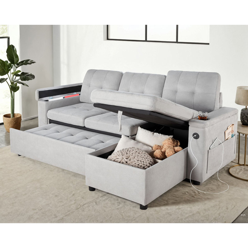 Sleeper Sofa Bed, 84 Inch Pull Out Couch With 2 USB & Cup Holders, Tufted L Shape Convertible Sofa With Storage Chaise