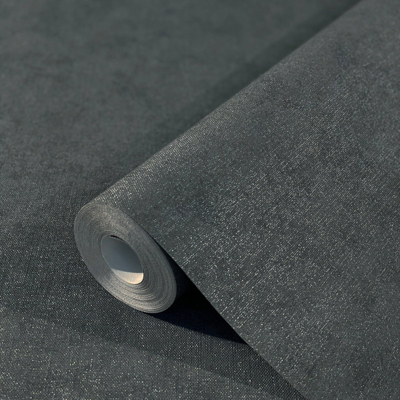 Flora Collection Shimmery Plain Wallpaper Roll, Black