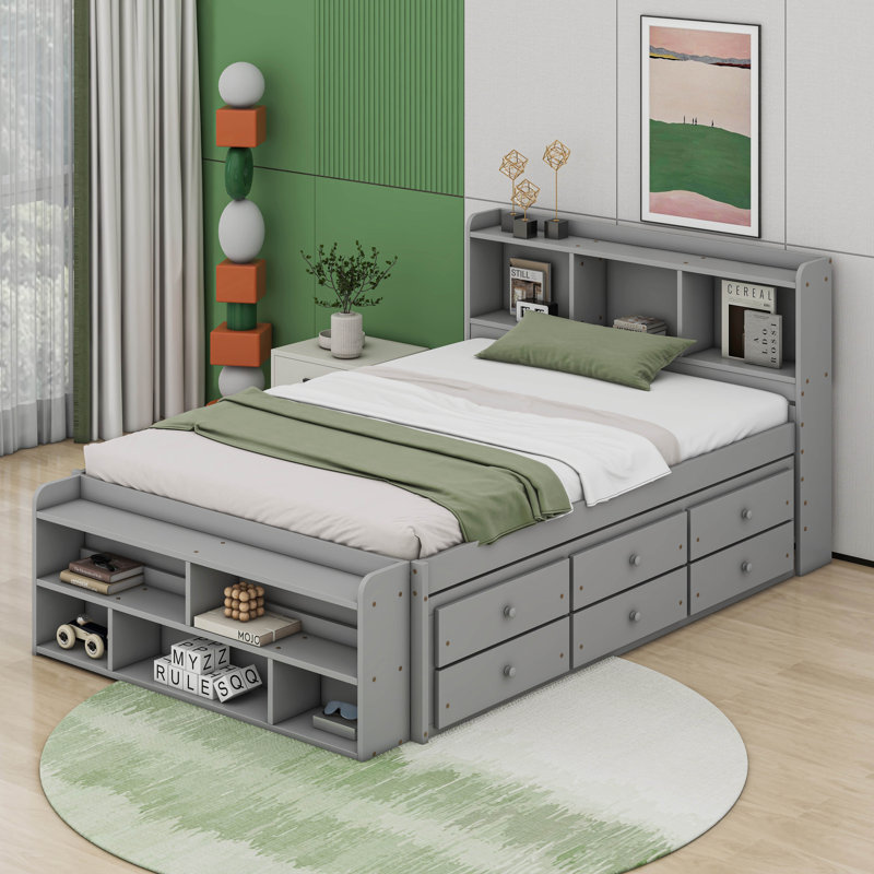 Lit double avec tête de lit bibliothèque, tiroirs et étui de rangement, gris