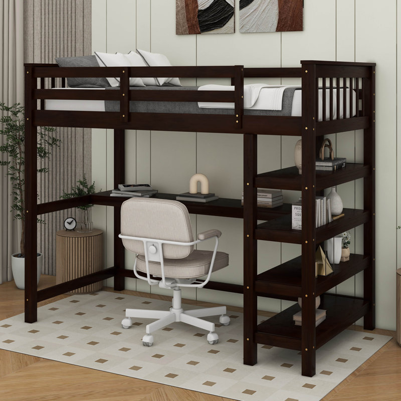 Lit mezzanine avec tablettes de rangement intégrées et bureau sous le lit, Lit simple, Espresso