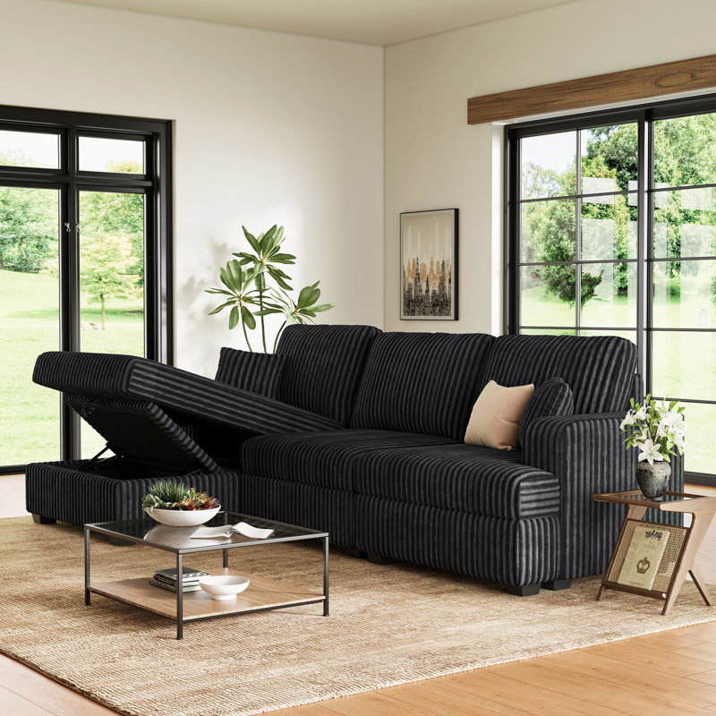  Bianca Wide Plush Corduroy 3-Seat L Shaped Modular Sofa with Storage, Dark Gray Corduroy, Left Hand Facing