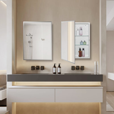 Bathroom Medicine Cabinet with Beveled Edge Mirrored Door 20 x 26 inch, Recessed or Surface Mount, with Adjustable Glass shelves