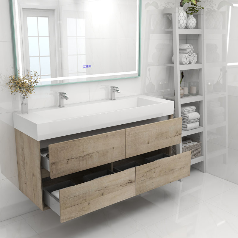 60" Wall Mounted Double Bathroom Vanity, White Oak