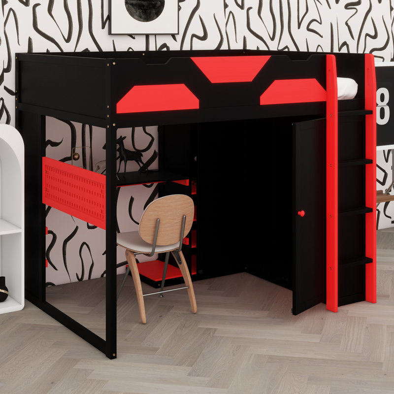 Functional Loft Bed With Study Desk, Multi-Tier Storage, USB Connectivity And Customizable RGB Lights, Red