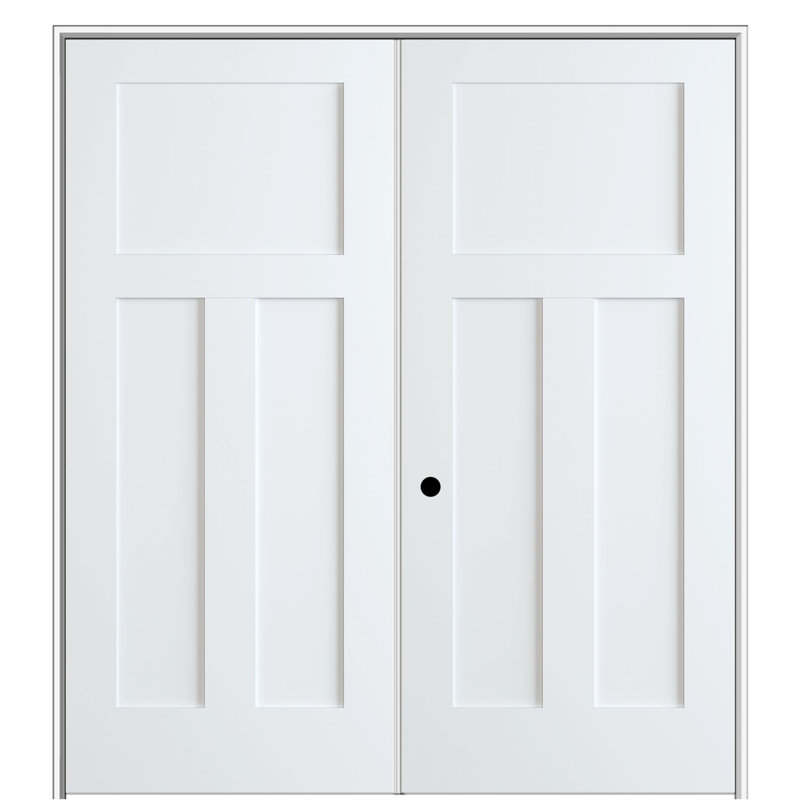 Primed White MDF 3-Panel Interior French Door with Satin Nickel Hinges