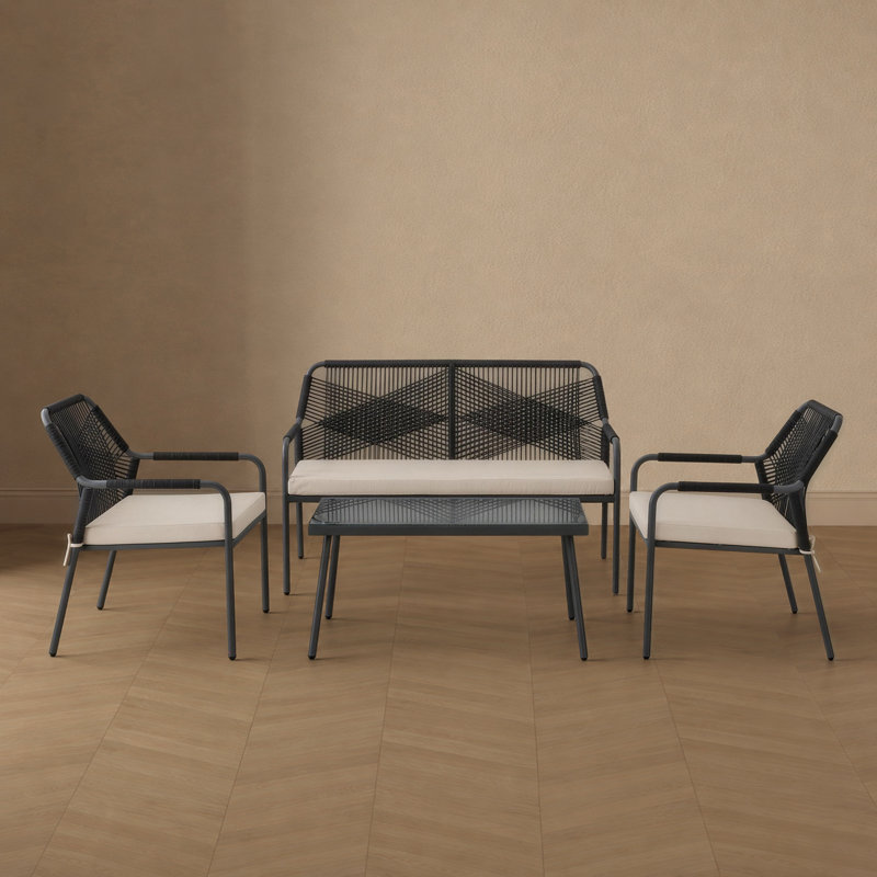 Ensemble de conversation moderne Seabreeze 4 pièces en noir et crème, Noir / Crème