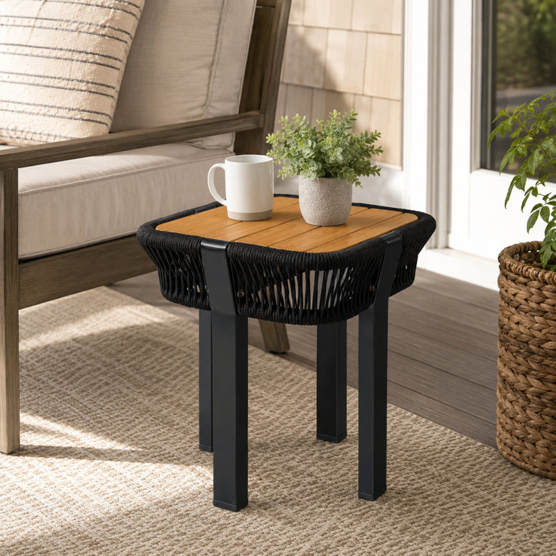 Table d'appoint d'extérieur en bois d'acacia au fini teck avec corde noire, Black
