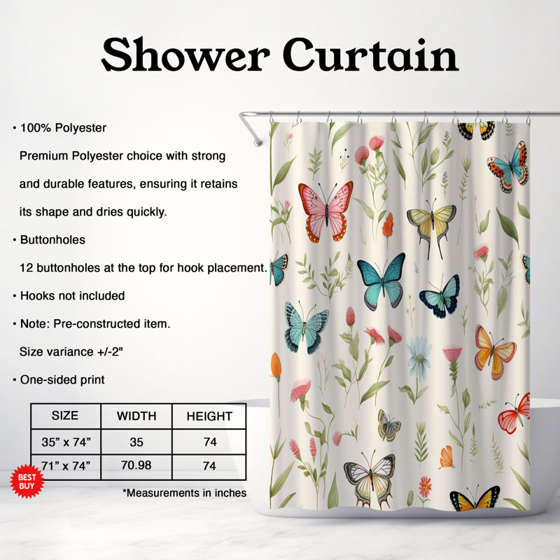 Fluttering Petals - Rideau de douche standard 1 pièce, H 74 po x l 71 po