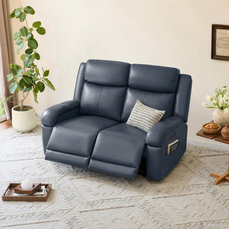 Canapé inclinable électrique en cuir véritable Mejas, Marine, 2