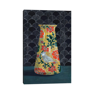 Yellow Vase With Titmouse Bird by Miri Eshet - Painting on Canvas