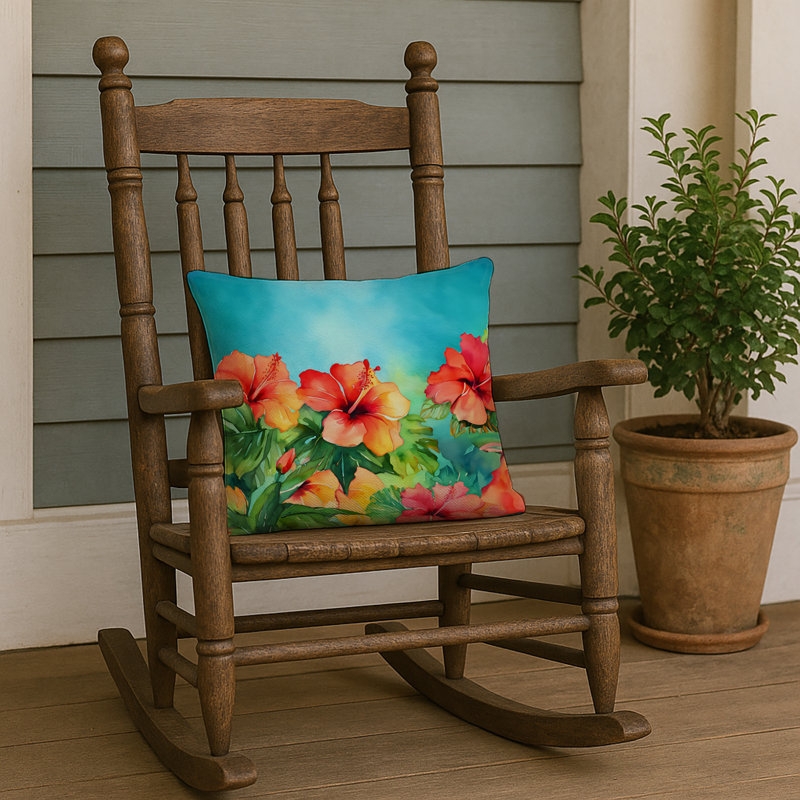 Coussin Hawaii, Hibiscus à l'aquarelle, Carré 18 po