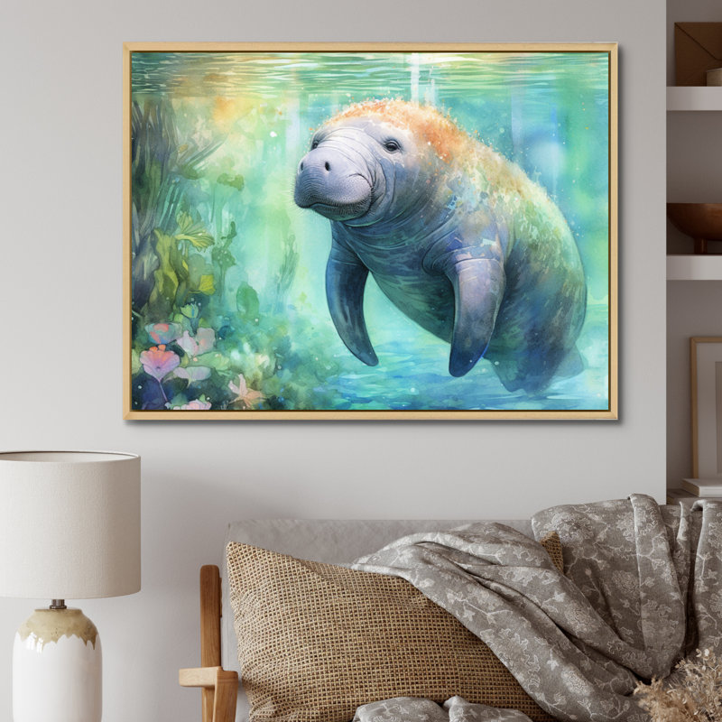 Gentle Manatee II - Art mural de lamantin pour le salon, H 30 po x l 40 po x P 1,5 po, Cadre naturel flottant