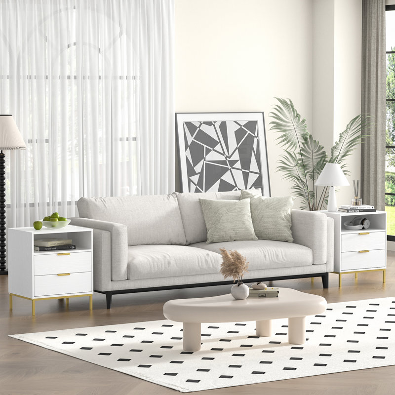 Table de chevet moderne pour chambre à coucher, table de chevet carrée 2 tiroirs avec rangement pour chambre à coucher, Blanc